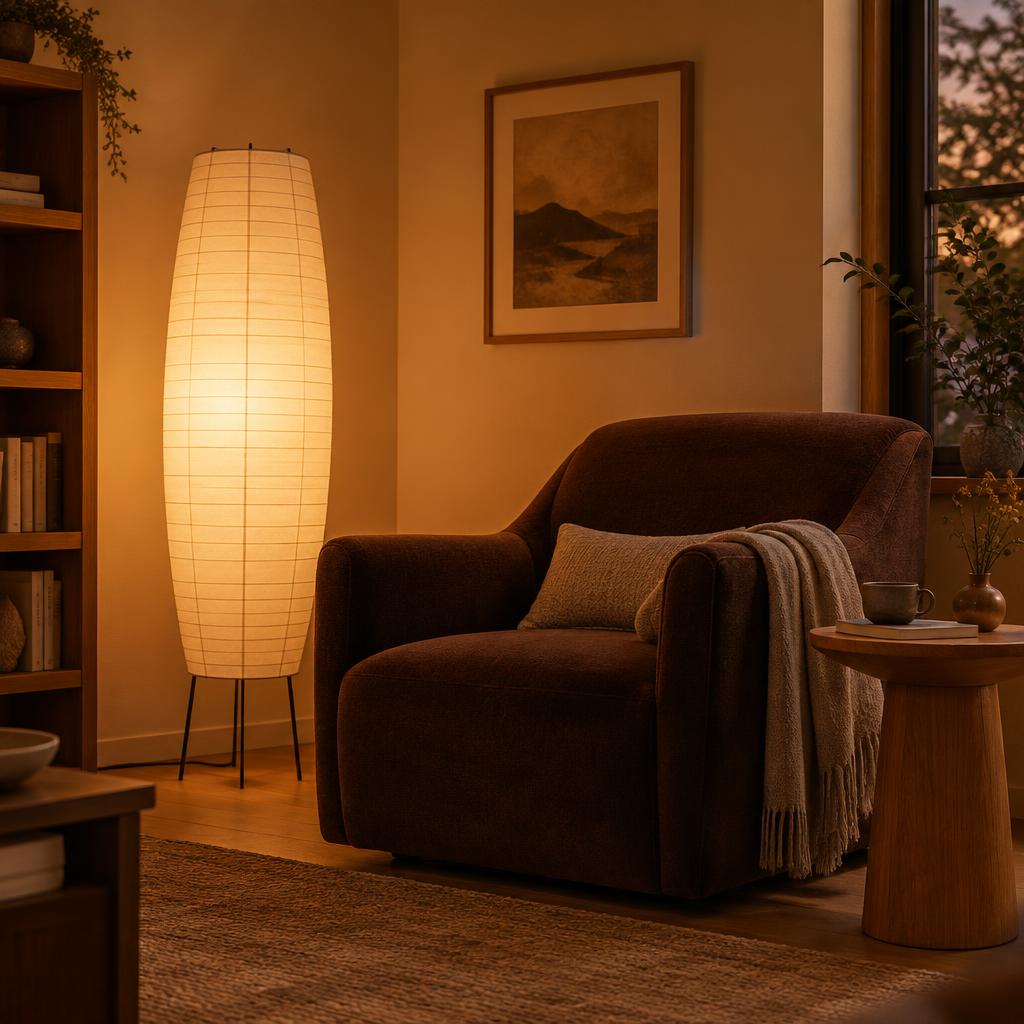 Coin lecture chaleureux avec lampe en papier de riz