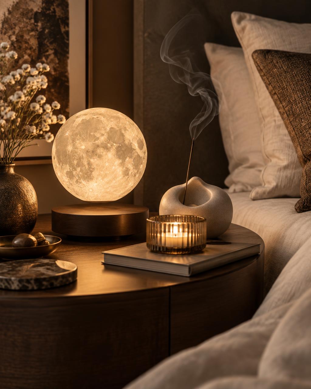 Table de chevet avec lampe lune et encens, ambiance Maison & Déco